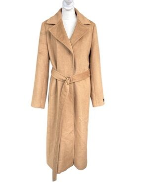 Halston Wool Blend Wrap Long Length Belted Coat Camel 8